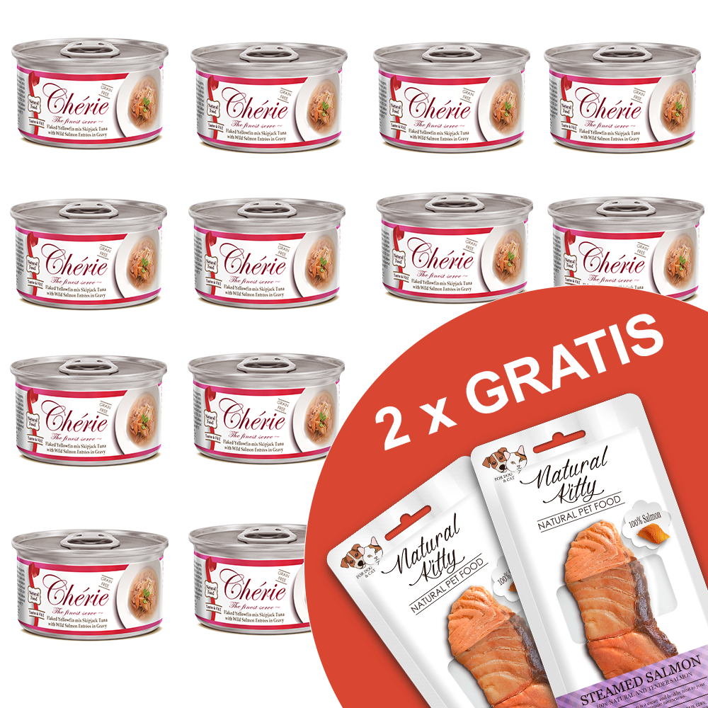 12× Wet food Chérie tuna with wild salmon + 2 Fillets FREE