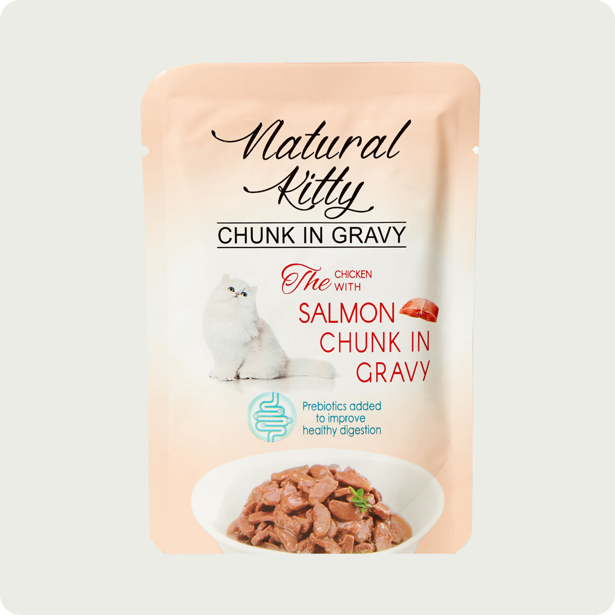 Pollo al naturale con pezzi di salmone in salsa gravy