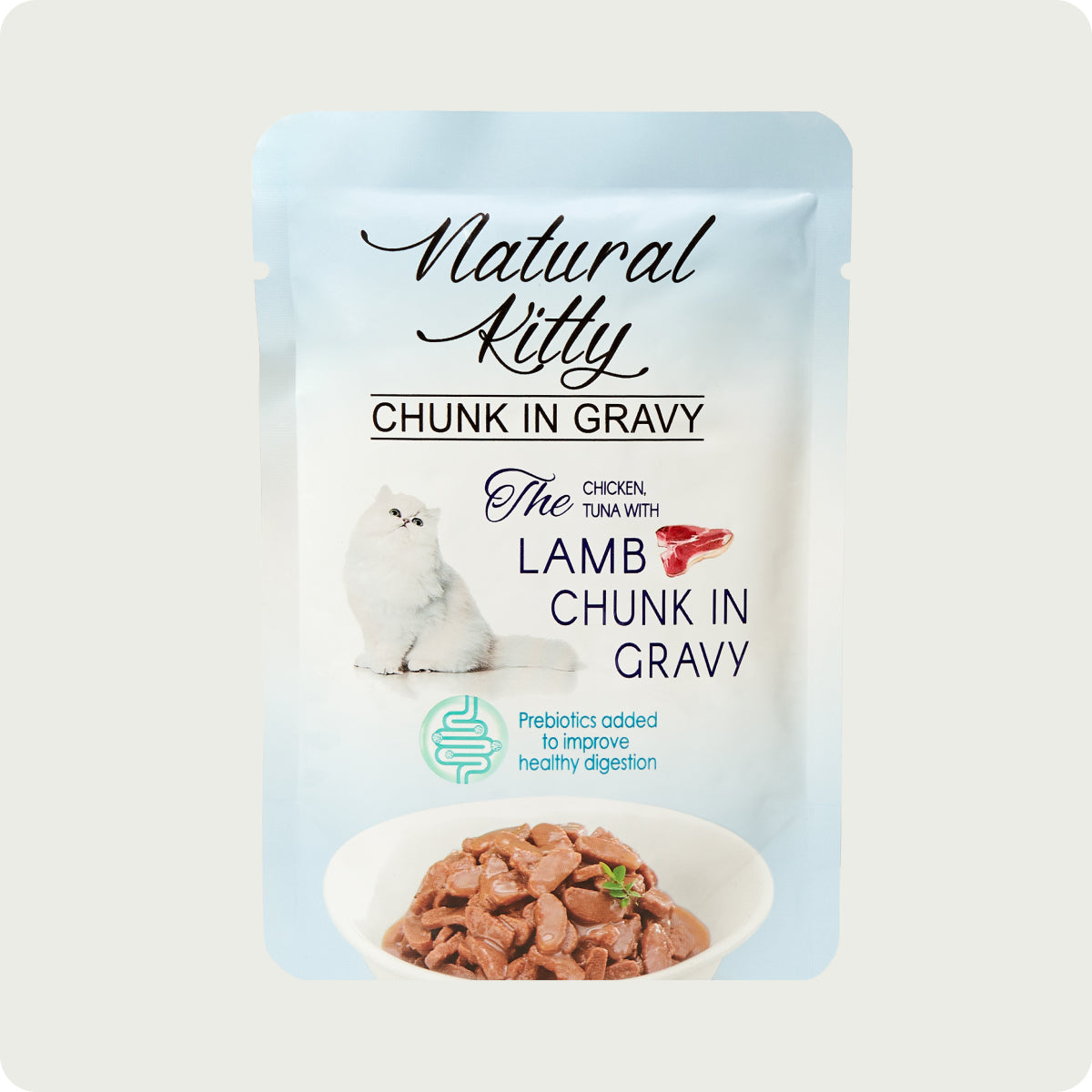 Pollo Natural Kitty, tonno con pezzi di agnello in salsa gravy