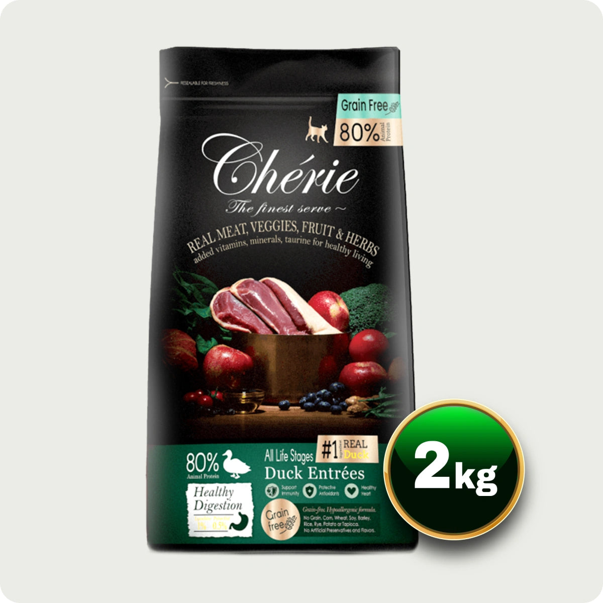 Chérie Dry Food Formula Grain-Free Duck Enrées 2kg + 2 lattine di cibo umido in omaggio