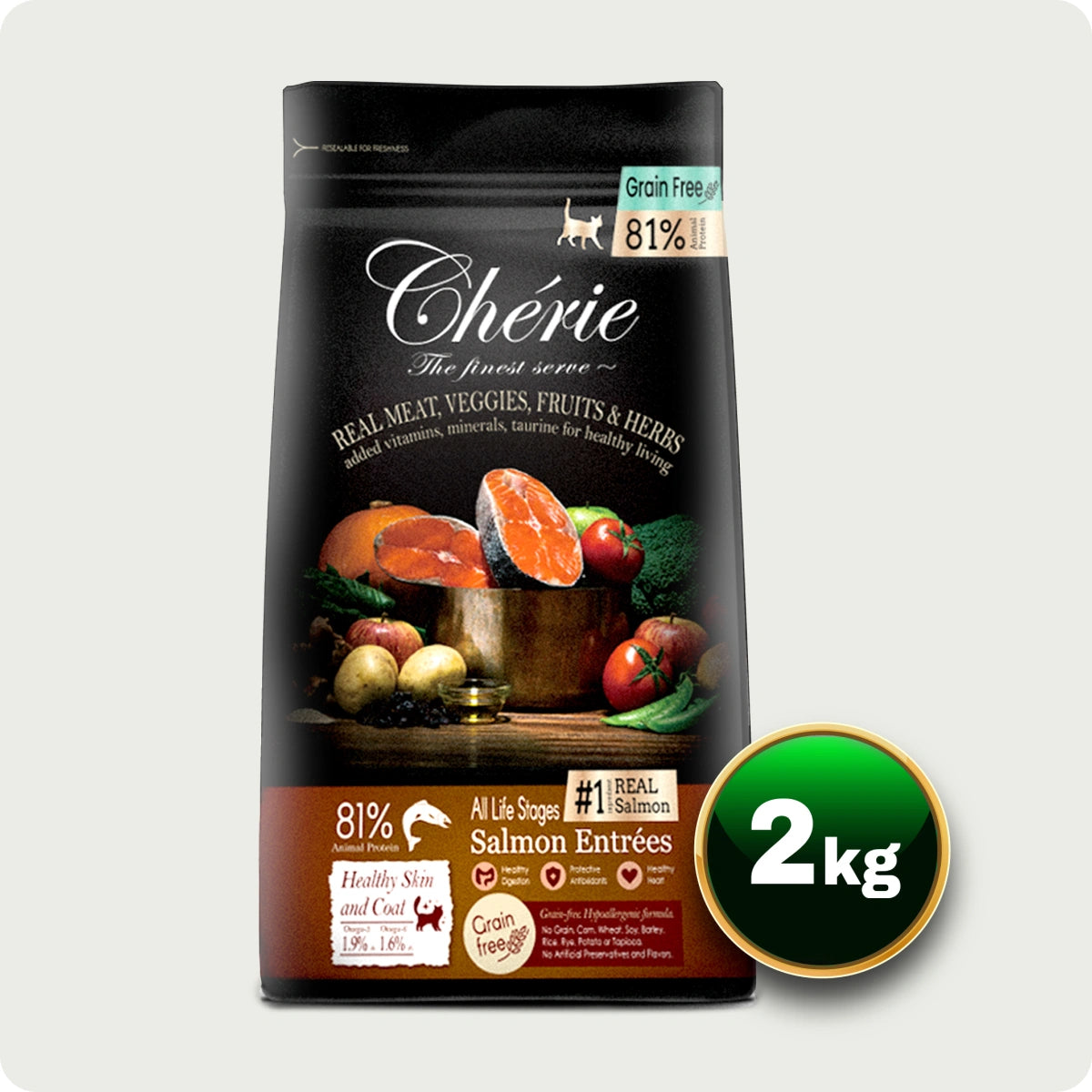 Chérie Dry Food Formula Grain-Free Salmon Enrées 2kg. + 2 lattine di cibo umido in omaggio.