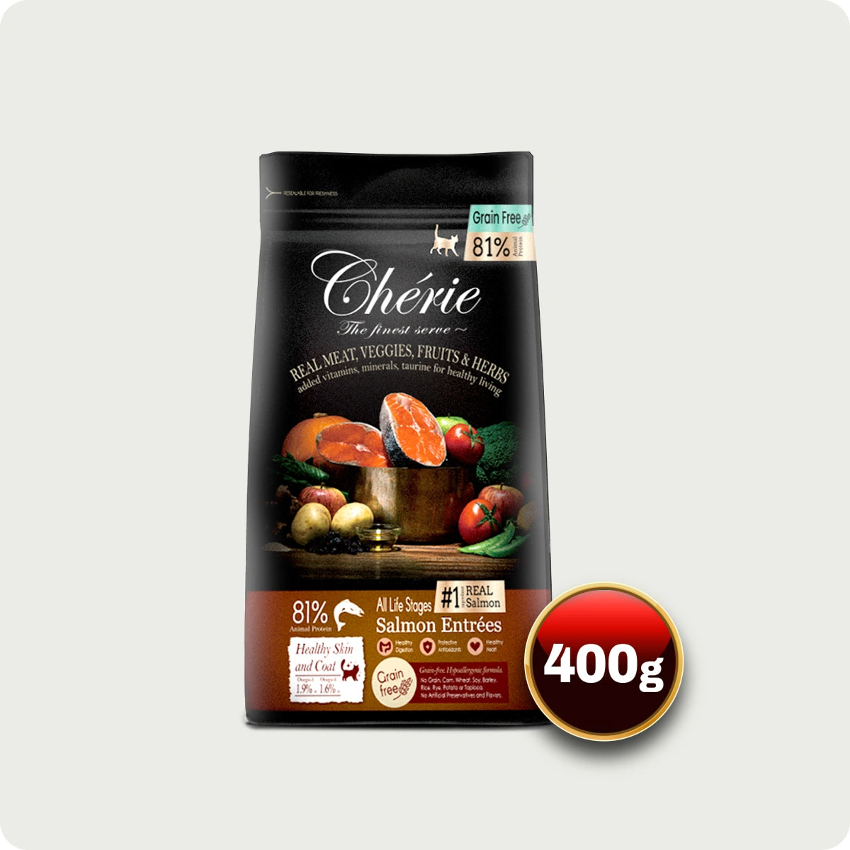 Chérie Cibo secco per gatti Antipasti di salmone senza cereali 400g. + 1 filetto gratis