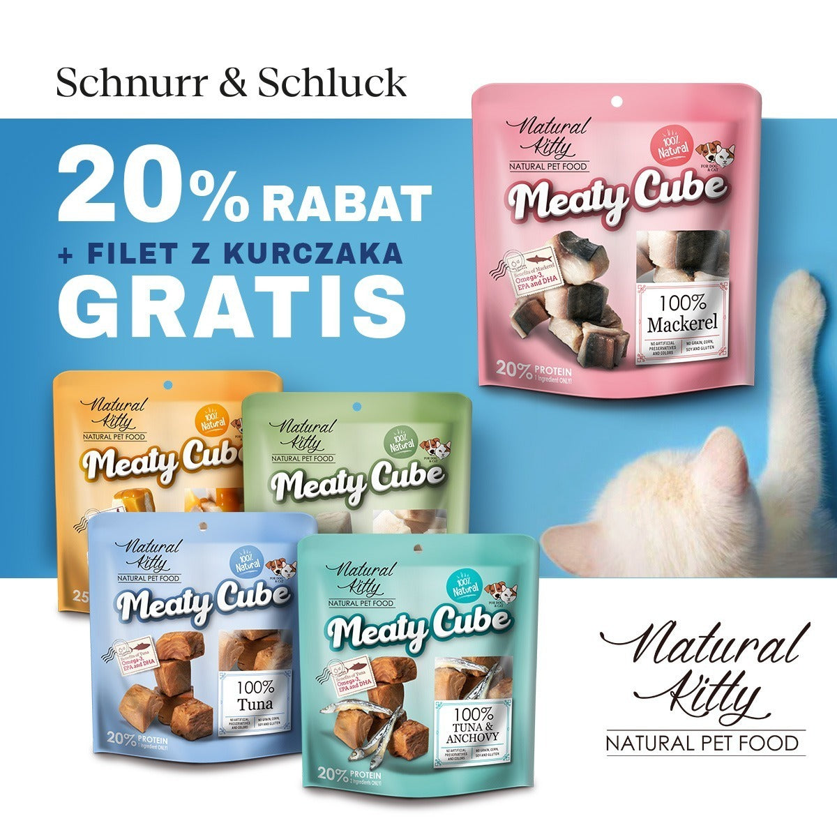 PROMOCJA (5+1) Pettric Natural Kitty Meaty Cubes MIX Smaków + GRATIS Filet z Kurczaka